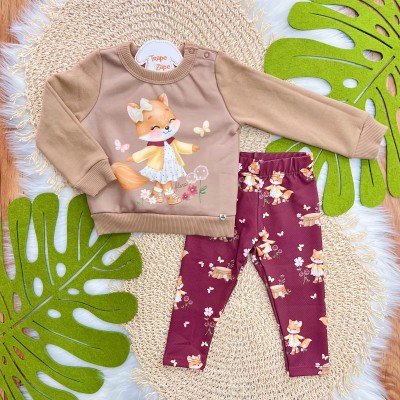 Conj. Casaco de Moletom Raposinha com Botinhas e Calça Legging - Marrom e Bordo